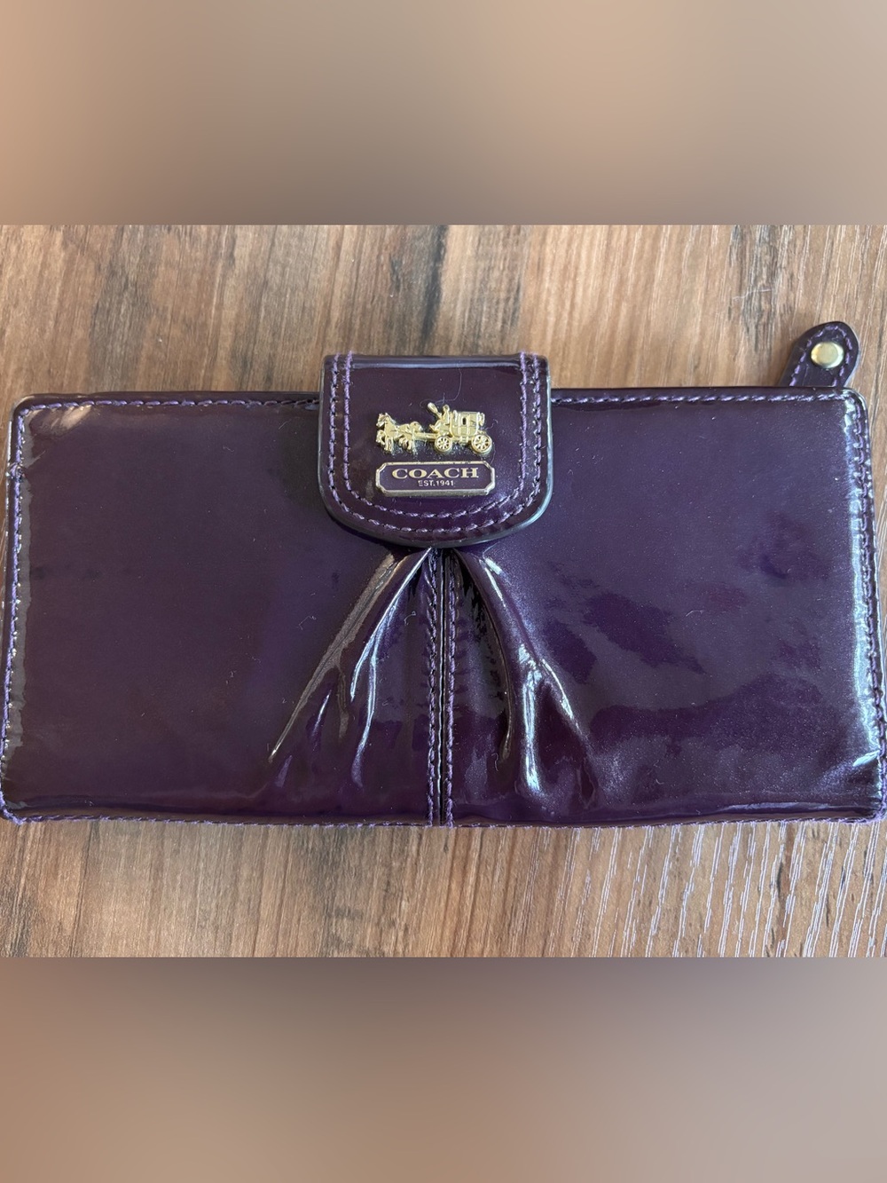 Coach Patent Leather Wallet in Deep Plum with Gold Hardware